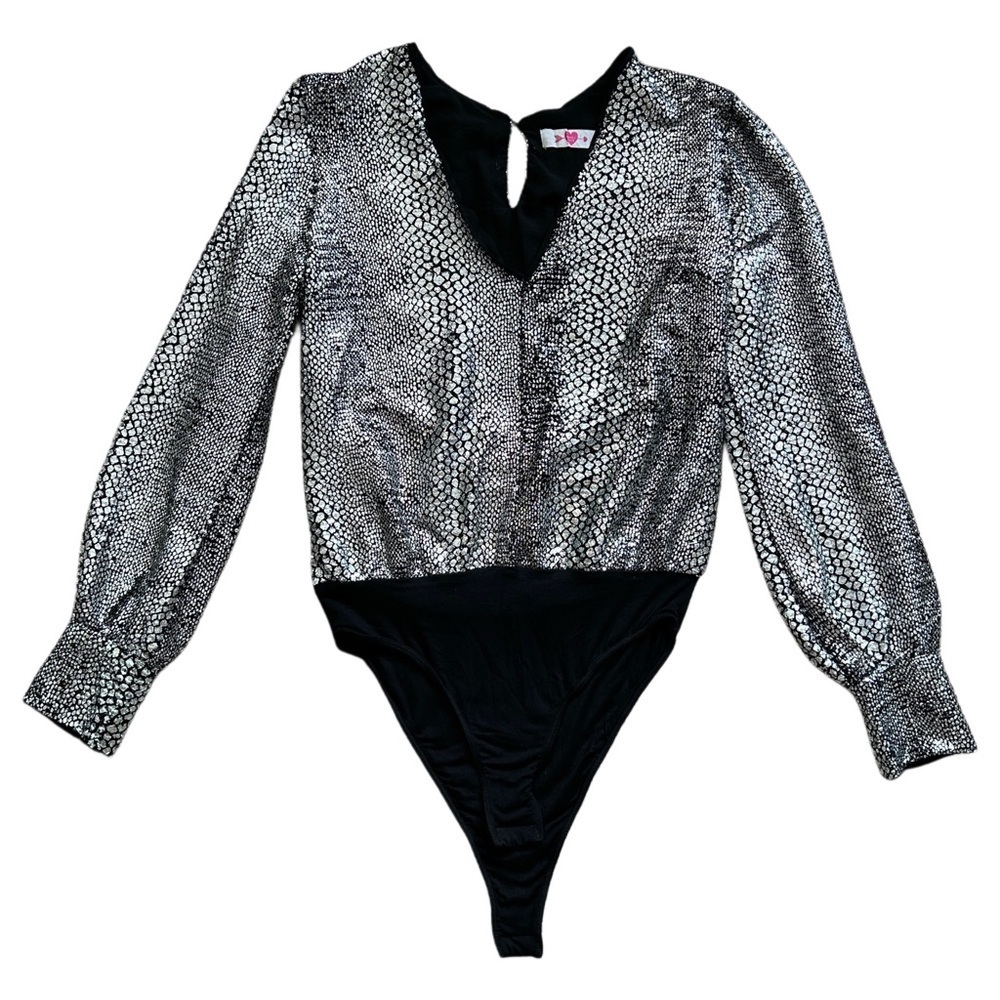 Buddy Love Snakeskin Alligator Print Black Silver Bodysuit Size Small